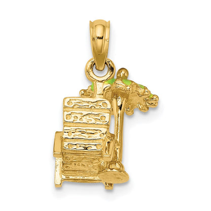 14K Gelbgold 3-D Strandstuhl-Charm mit grün emailliertem Sonnenschirm