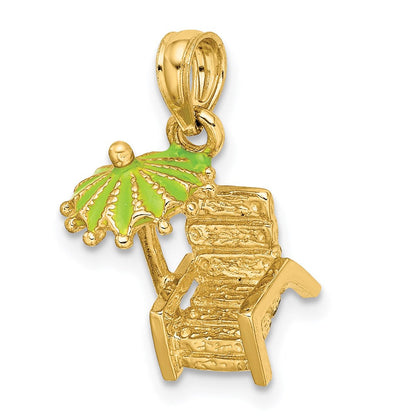 14K Gelbgold 3-D Strandstuhl-Charm mit grün emailliertem Sonnenschirm