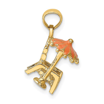 14K Gelbgold 3-D Strandstuhl-Charm mit orangefarbenem emailliertem Sonnenschirm