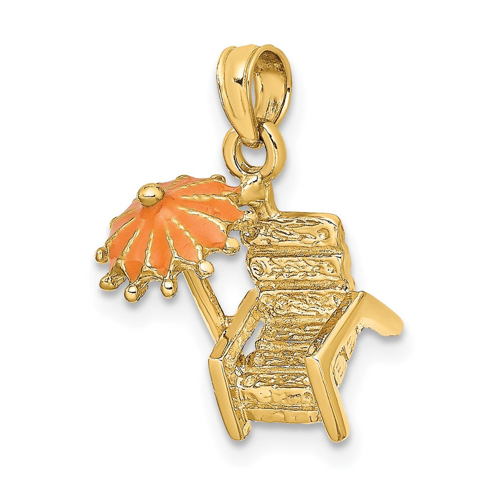 14K Gelbgold 3-D Strandstuhl-Charm mit orangefarbenem emailliertem Sonnenschirm