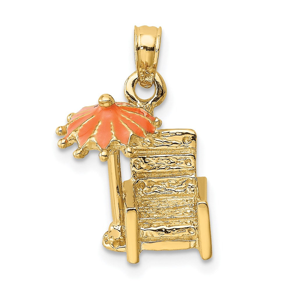 14K Gelbgold 3-D Strandstuhl-Charm mit orangefarbenem emailliertem Sonnenschirm