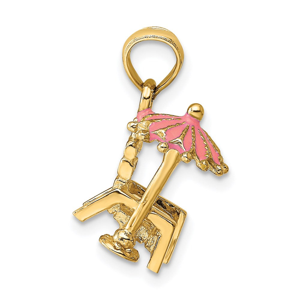 14K Gelbgold 3-D Charm "Strandstuhl mit Sonnenschirm" mit rosa Emaille