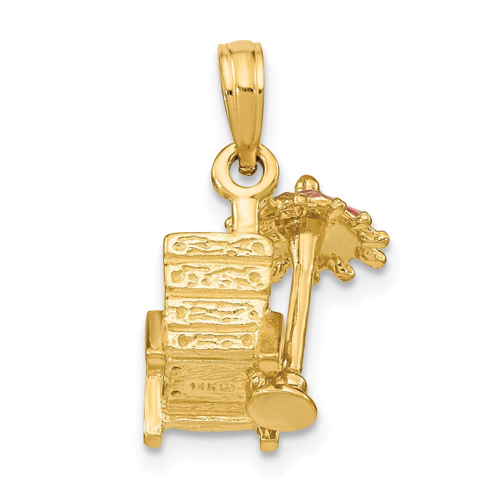 14K Gelbgold 3-D Charm "Strandstuhl mit Sonnenschirm" mit rosa Emaille