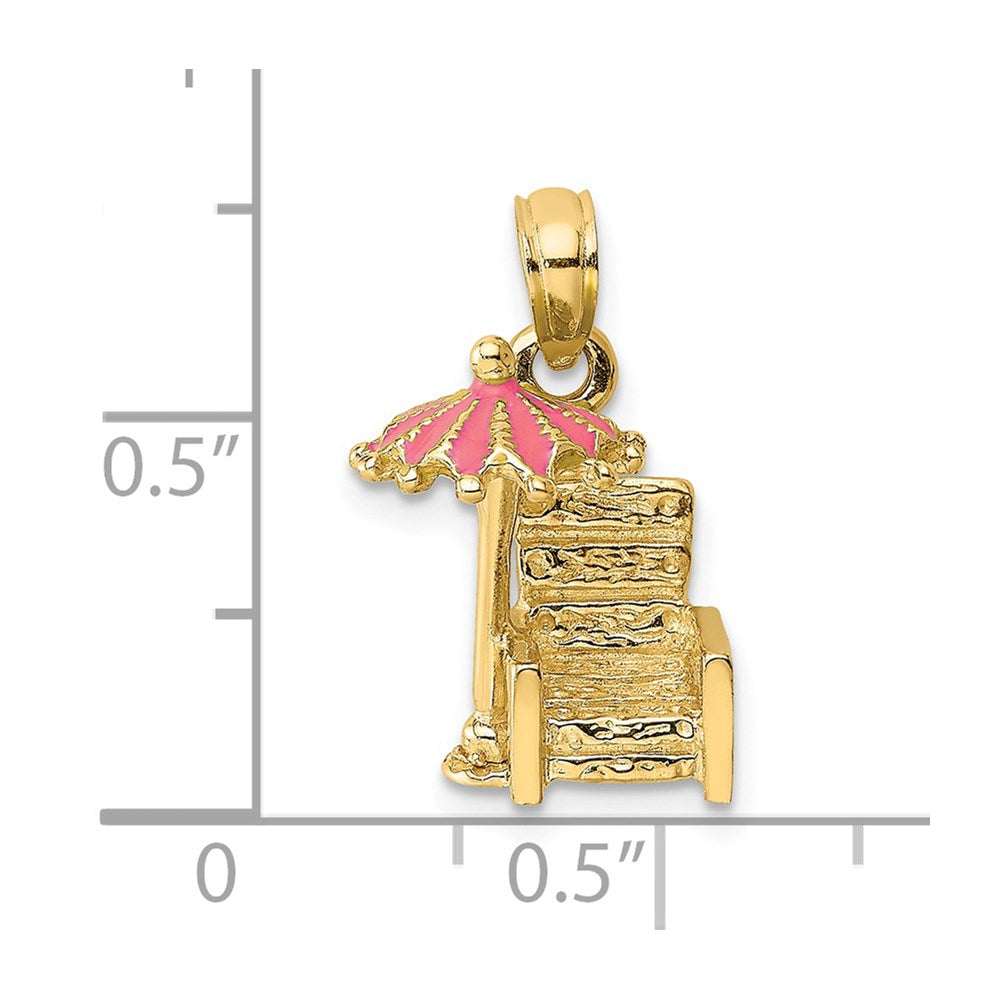 14K Gelbgold 3-D Charm "Strandstuhl mit Sonnenschirm" mit rosa Emaille