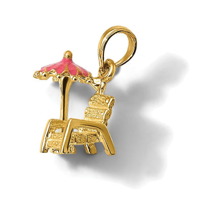 14K Gelbgold 3-D Charm "Strandstuhl mit Sonnenschirm" mit rosa Emaille