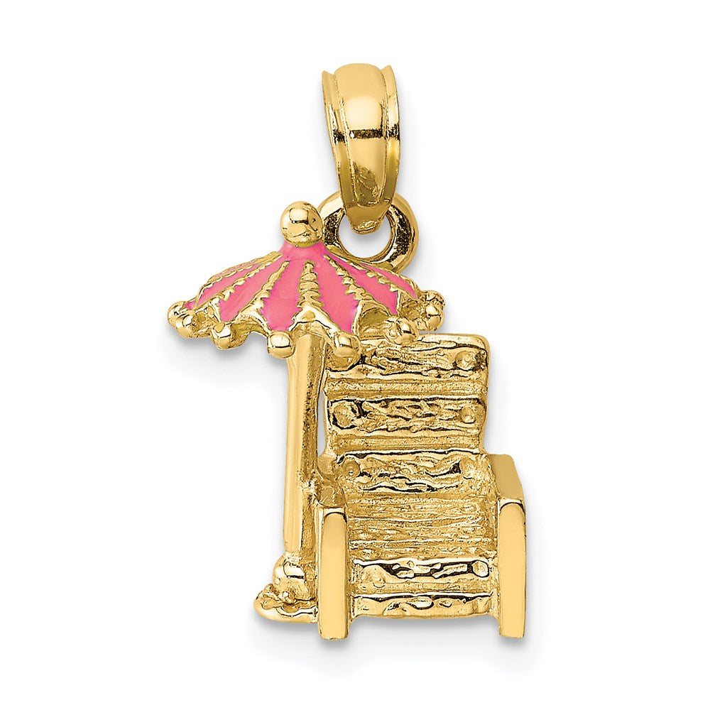 14K Gelbgold 3-D Charm "Strandstuhl mit Sonnenschirm" mit rosa Emaille