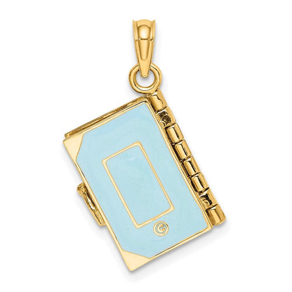 14K Gelbgold 3-d Blau Emaille Bible Book mit Beweglich Pages Charm