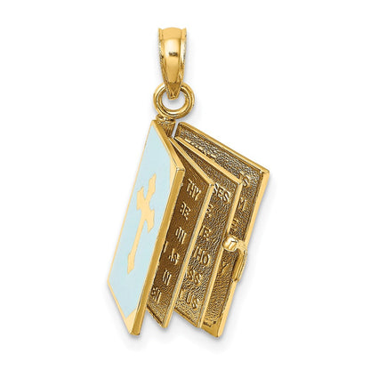 14K Gelbgold 3-d Blau Emaille Bible Book mit Beweglich Pages Charm