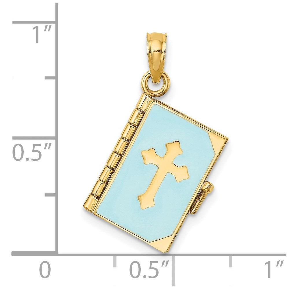 14K Gelbgold 3-d Blau Emaille Bible Book mit Beweglich Pages Charm