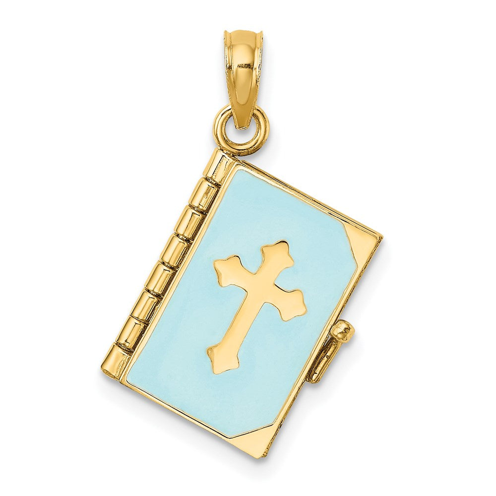14K Gelbgold 3-d Blau Emaille Bible Book mit Beweglich Pages Charm