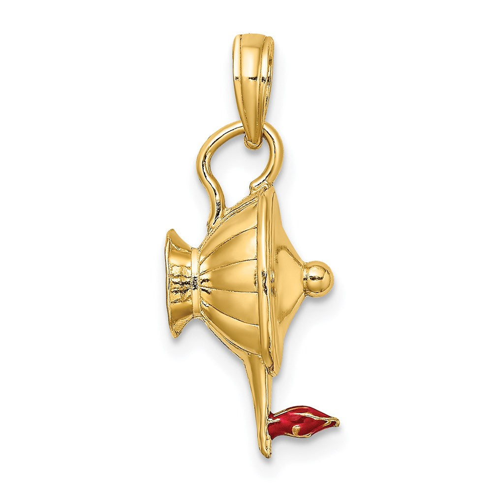 Polierter 3-D-Zauberlampen-Charm aus 14K Gelbgold mit roter Emaille