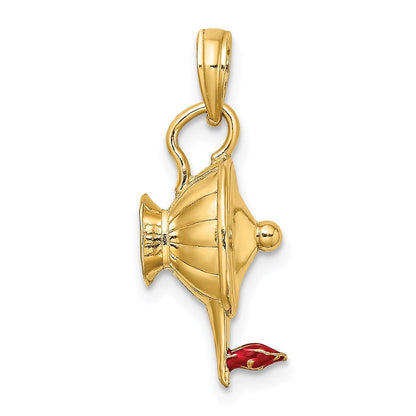 Polierter 3-D-Zauberlampen-Charm aus 14K Gelbgold mit roter Emaille