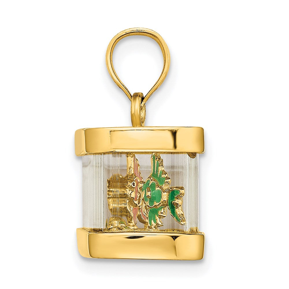 14K Gelbgold 3-D beweglicher Emaille-Fisch-Aquarium-Charm