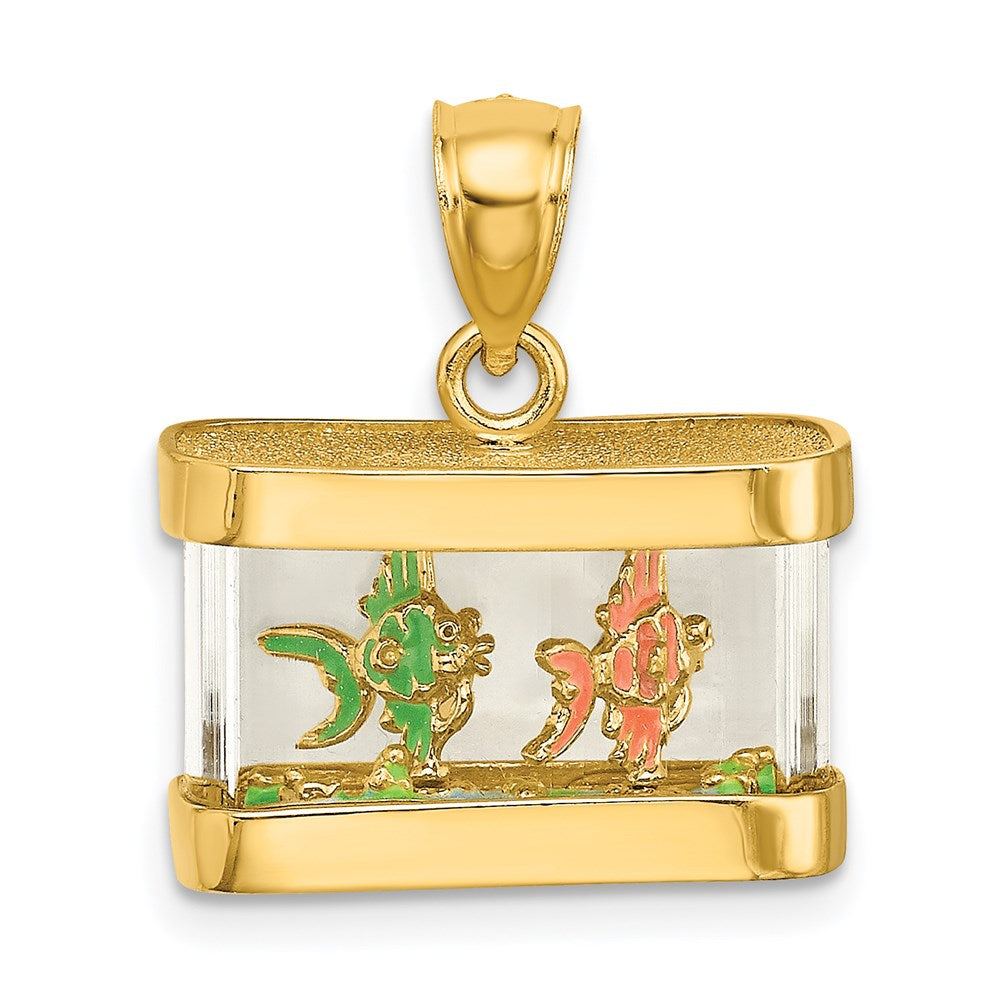 14K Gelbgold 3-D beweglicher Emaille-Fisch-Aquarium-Charm