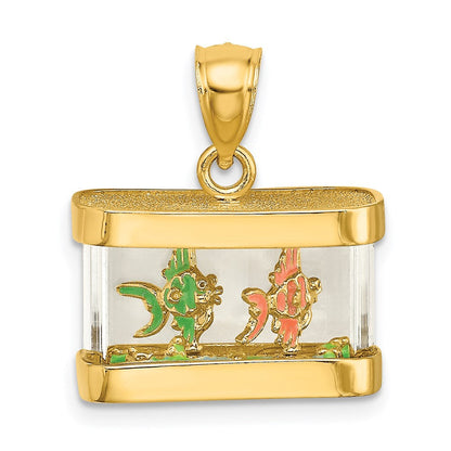 14K Gelbgold 3-D beweglicher Emaille-Fisch-Aquarium-Charm