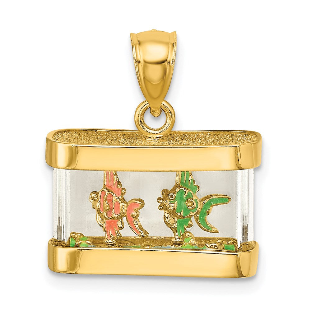 14K Gelbgold 3-D beweglicher Emaille-Fisch-Aquarium-Charm