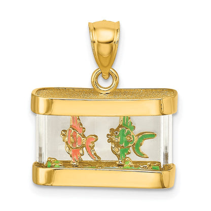 14K Gelbgold 3-D beweglicher Emaille-Fisch-Aquarium-Charm