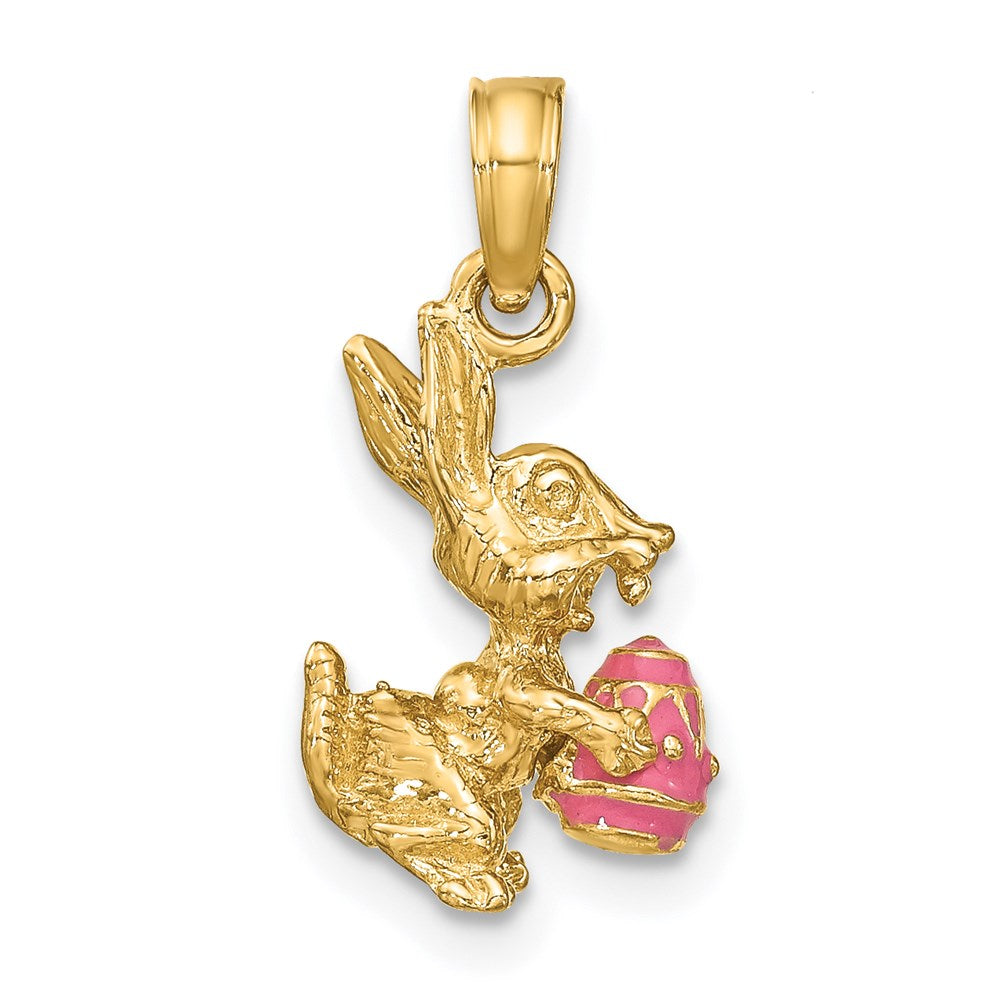 14 Karat Gelbgold 3-D rosa emaillierter Osterhase mit Ei-Charm