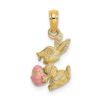 14 Karat Gelbgold 3-D rosa emaillierter Osterhase mit Ei-Charm