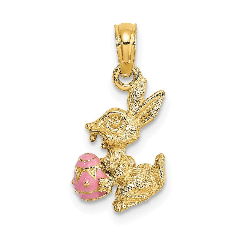 14 Karat Gelbgold 3-D rosa emaillierter Osterhase mit Ei-Charm