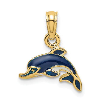 14K Gelbgold Blau Emaille Delfin Charm