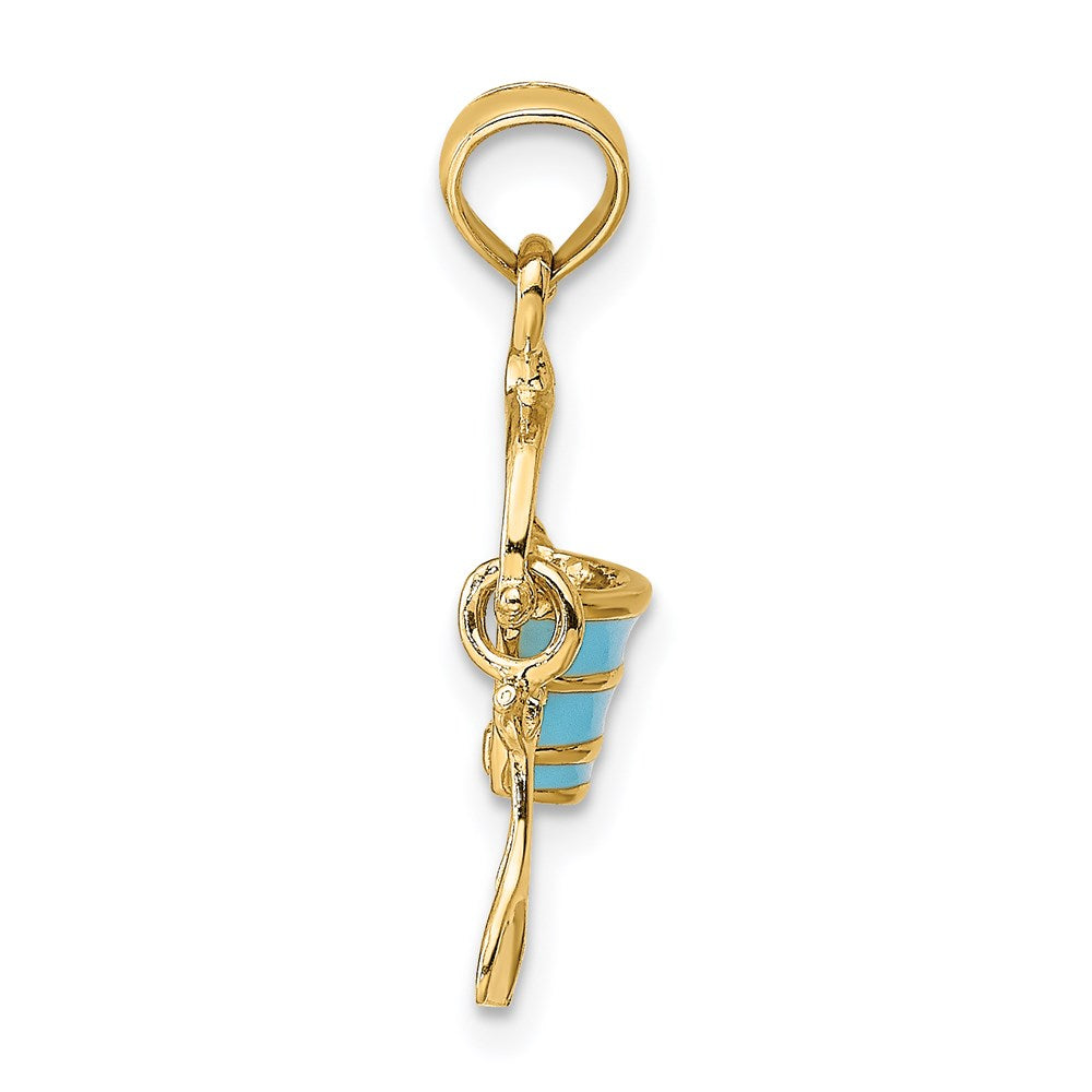 14K Gelbgold 2-d Aqua Emailliert Beach Bucket mit Beweglich Shovel Charm