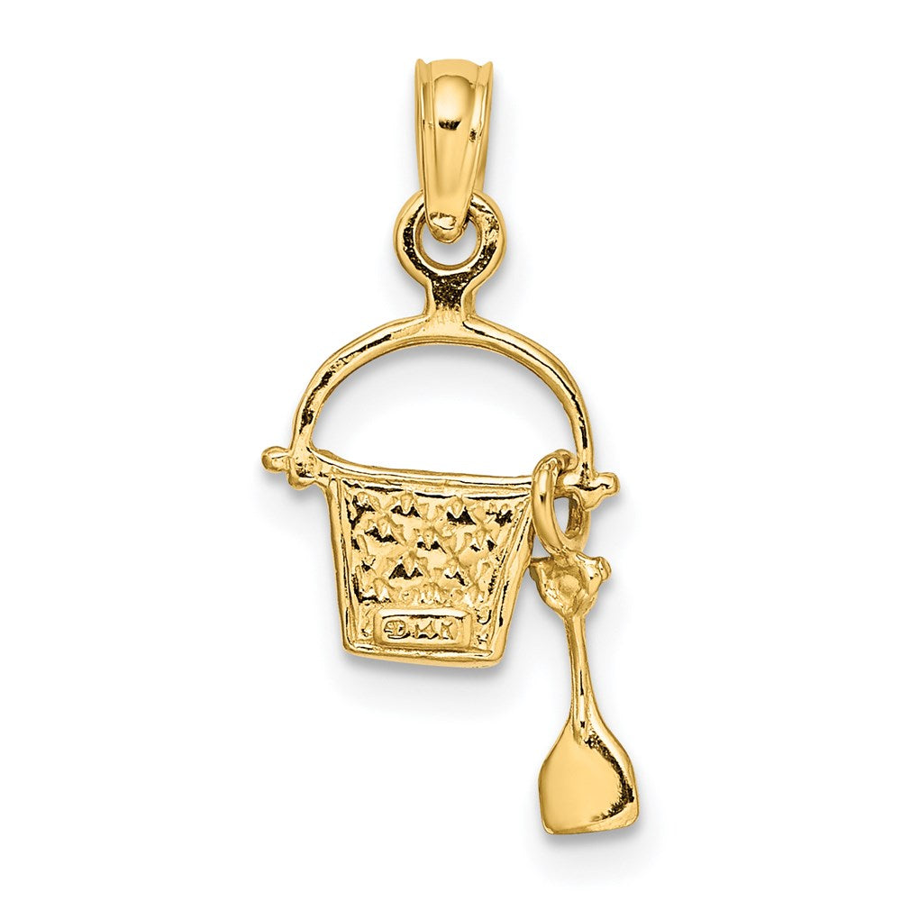 14K Gelbgold 2-d Aqua Emailliert Beach Bucket mit Beweglich Shovel Charm