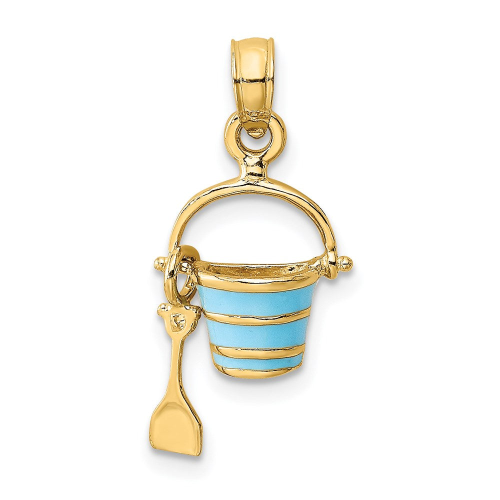14K Gelbgold 2-d Aqua Emailliert Beach Bucket mit Beweglich Shovel Charm