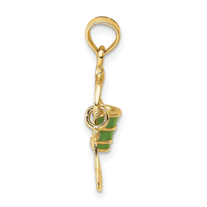 14K Gelbgold 2-d Grün Emailliert Beach Bucket mit Beweglich Shovel Charm