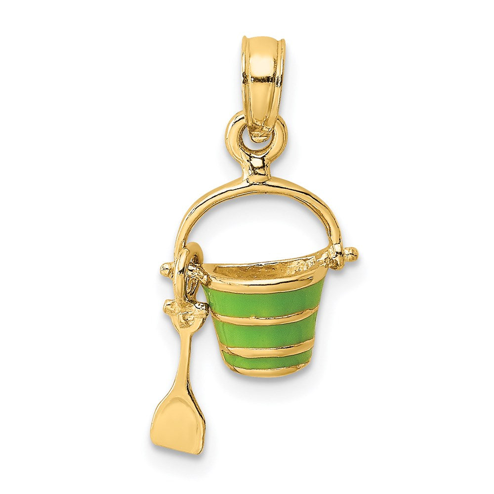 14K Gelbgold 2-d Grün Emailliert Beach Bucket mit Beweglich Shovel Charm
