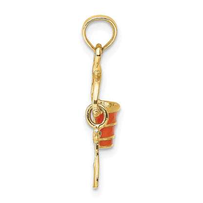 14K Gelbgold 2-d Orange Emailliert Beach Bucket mit Beweglich Shovel Charm