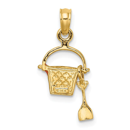 14K Gelbgold 2-d Orange Emailliert Beach Bucket mit Beweglich Shovel Charm