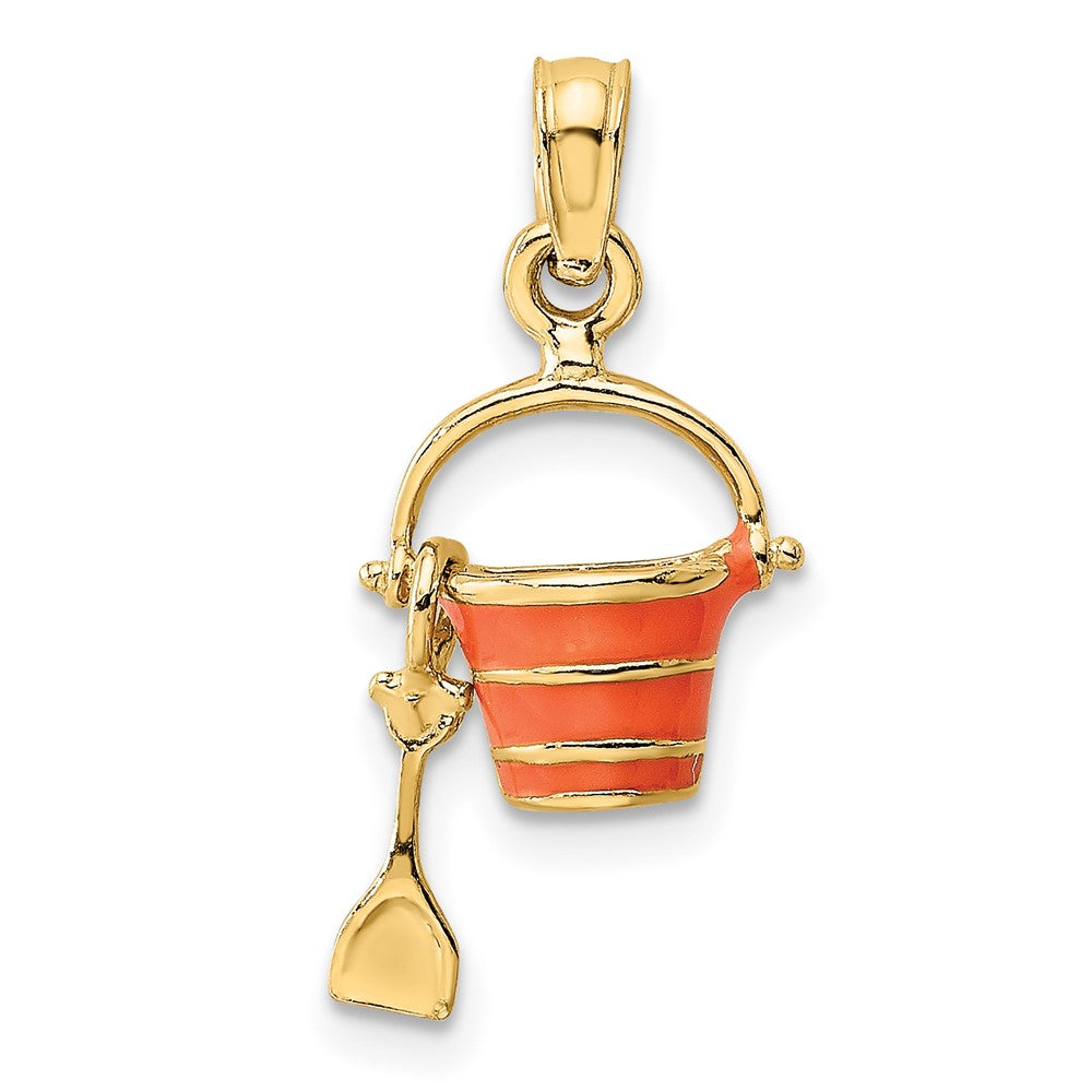 14K Gelbgold 2-d Orange Emailliert Beach Bucket mit Beweglich Shovel Charm