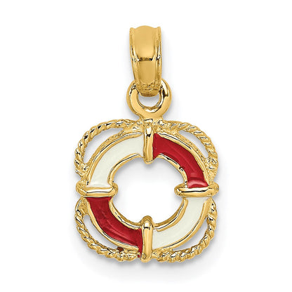 14K Gelbgold Rot und Weiß Emailliert Lifesaver Ring Charm