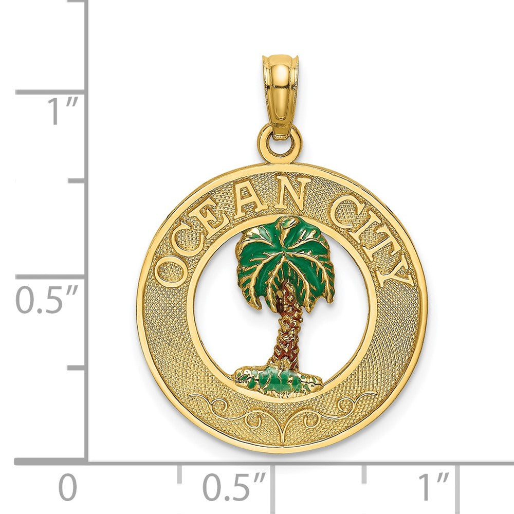 14K Gelbgold Charm mit Kreis "OCEAN CITY" und emailliertem Palmenmotiv