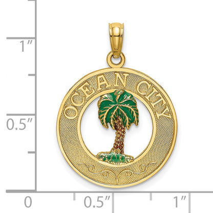 14K Gelbgold Charm mit Kreis "OCEAN CITY" und emailliertem Palmenmotiv