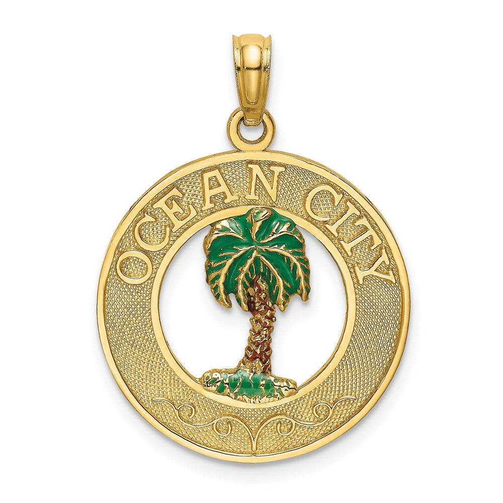 14K Gelbgold Charm mit Kreis "OCEAN CITY" und emailliertem Palmenmotiv