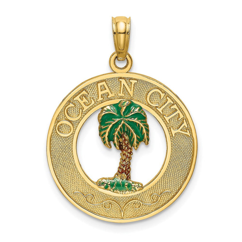 14K Gelbgold Charm mit Kreis "OCEAN CITY" und emailliertem Palmenmotiv