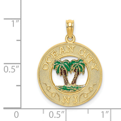 14K Gelbgold Emaille Palmen "OCEAN CITY NJ" Kreis-Charm