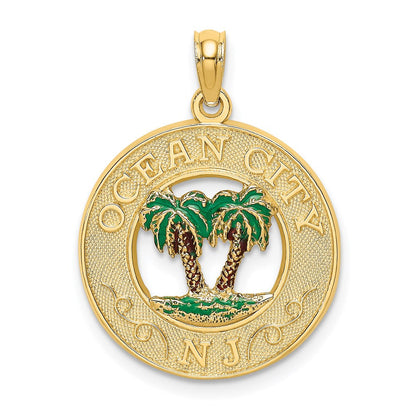 14K Gelbgold Emaille Palmen "OCEAN CITY NJ" Kreis-Charm