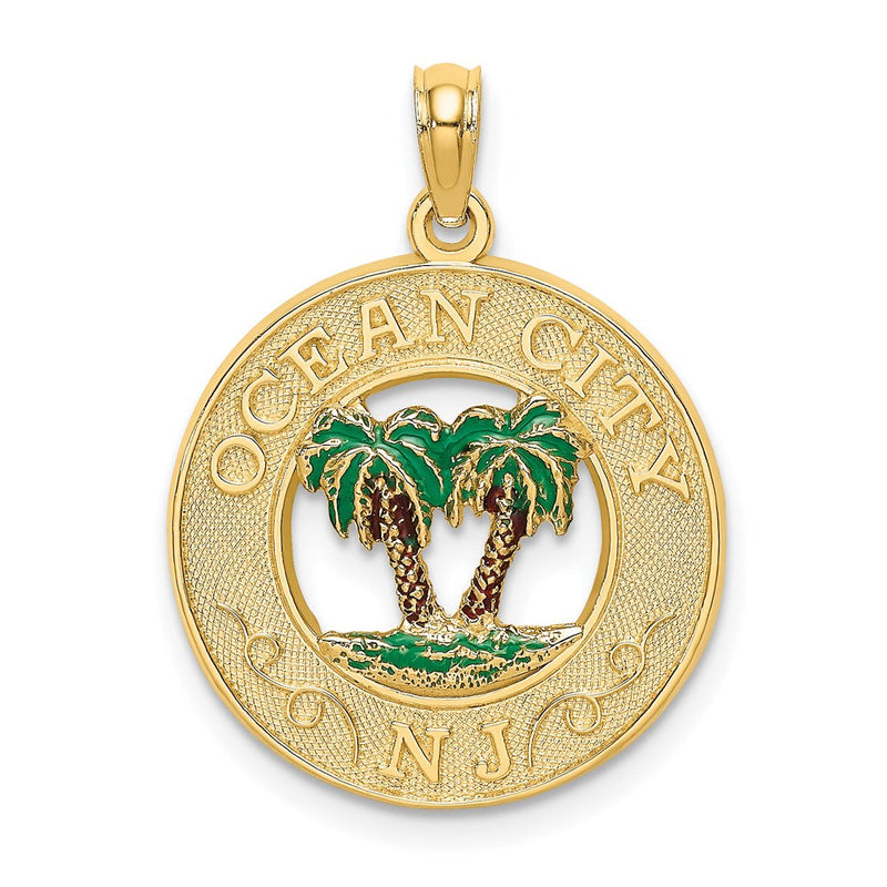 14K Gelbgold Emaille Palmen "OCEAN CITY NJ" Kreis-Charm
