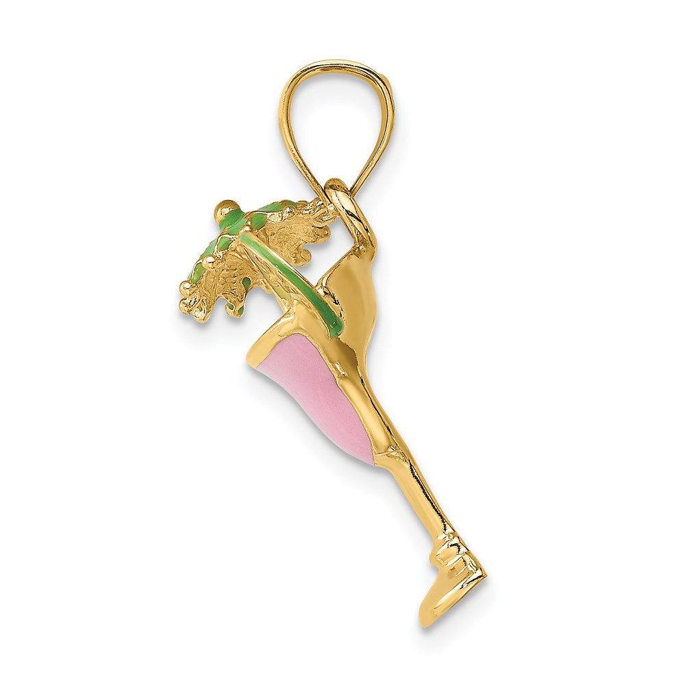 14K Gelbgold Margarita-Drink-Charm mit rosa Emaille, Schirmchen und Limette