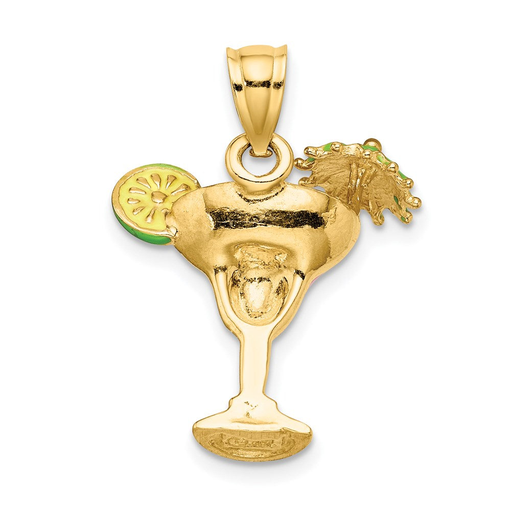 14K Gelbgold Margarita-Drink-Charm mit rosa Emaille, Schirmchen und Limette