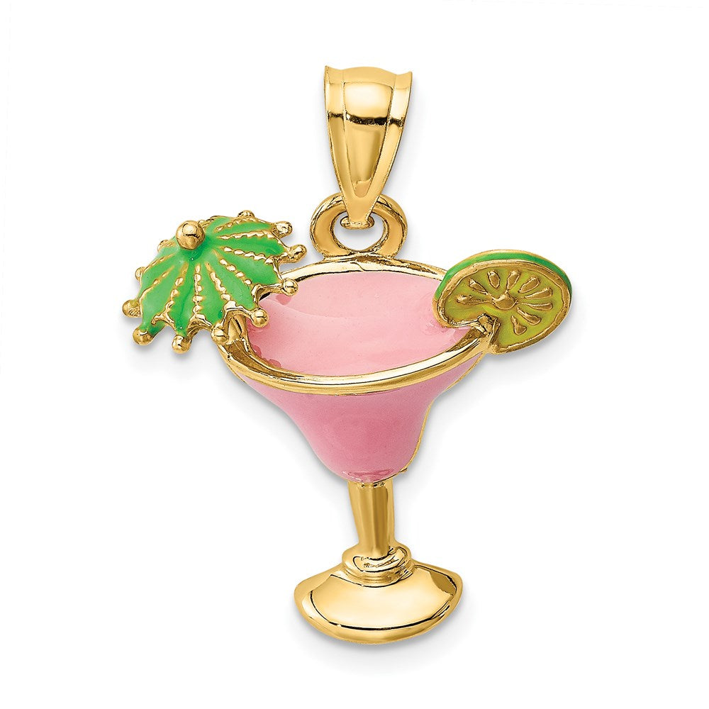 14K Gelbgold Margarita-Drink-Charm mit rosa Emaille, Schirmchen und Limette