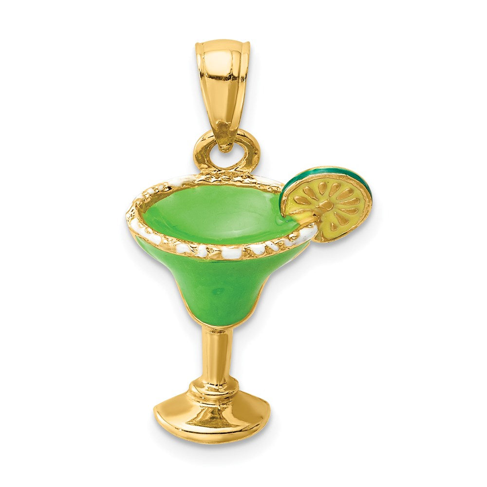 14k Gelbgold 2-D grün emaillierter Margarita-Drink-Charm mit Limette