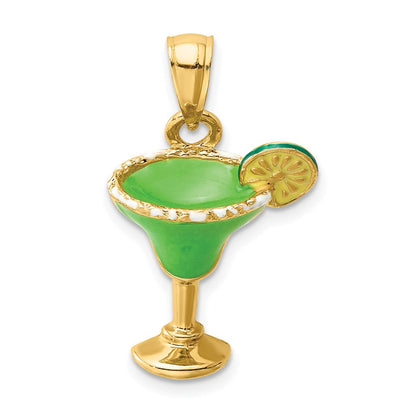 14k Gelbgold 2-D grün emaillierter Margarita-Drink-Charm mit Limette