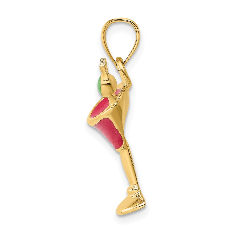 14K Gelbgold 2-D Martini-Drink-Charm mit Olive, fuchsienfarben emailliert