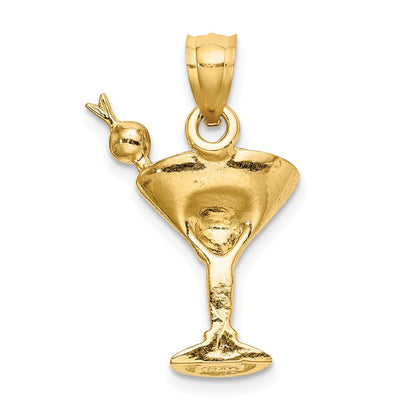 14K Gelbgold 2-D Martini-Drink-Charm mit Olive, fuchsienfarben emailliert