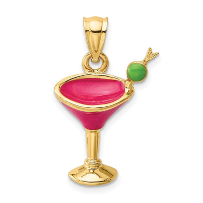 14K Gelbgold 2-D Martini-Drink-Charm mit Olive, fuchsienfarben emailliert