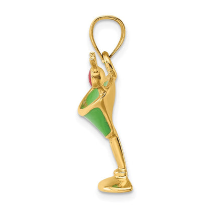 14K Gelbgold 2-D Martini-Glas Charm mit grüner Emaillierung und Kirsche